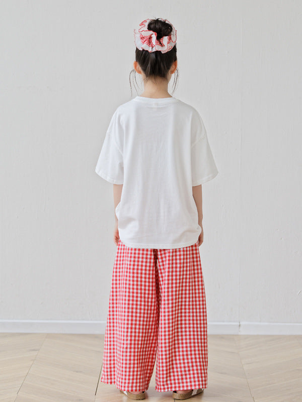 Arrival Summer Baby Kids Girls Short Sleeves Cartoon Pattern T-Shirt and Plaid Pants Sets
