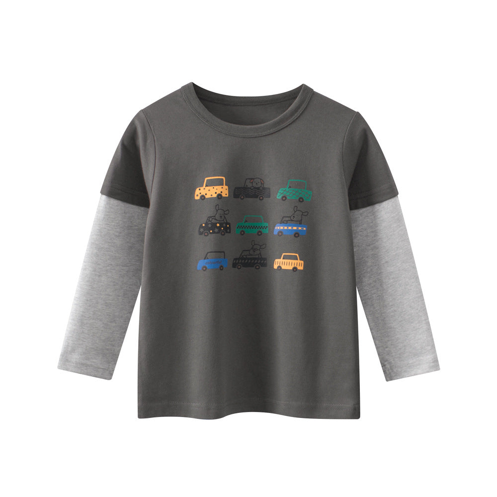 Spring Baby Kids Boys Cars Cartoon Print Long Sleeves Crew Neck Color Patchwork Top, MyKids-USA®, T-Shirts, MyKids-USA - Size/Age - 100 (2-3Y) - Color - Grey -  -  - TR2603282216-A.