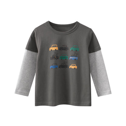Spring Baby Kids Boys Cars Cartoon Print Long Sleeves Crew Neck Color Patchwork Top, MyKids-USA®, T-Shirts, MyKids-USA - Size/Age - 100 (2-3Y) - Color - Grey -  -  - TR2603282216-A.