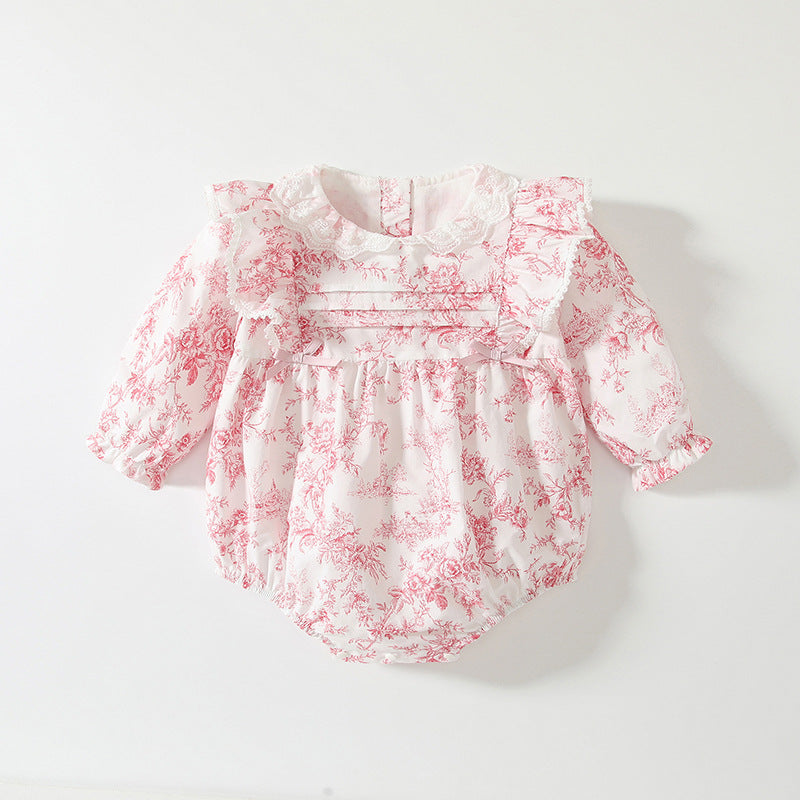 Spring Arrival Baby Girls Flowers Pattern Lace-Trim Collar Onesies Bodysuits, MyKids-USA®, Baby One-Pieces, MyKids-USA - Size/Age - 66 (3-6M) - Color - Pink -  -  - TR2501182112-A