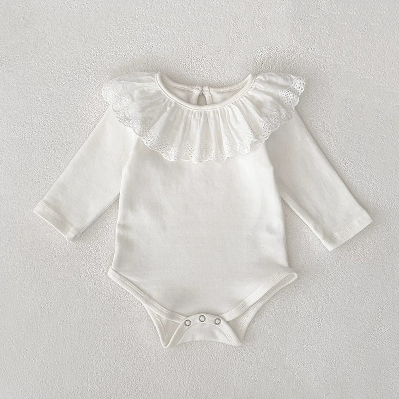Autumn Arrival Baby Girls Long Sleeves Solid Color White Onesies with Hollow-out Collar, MyKids-USA®, Baby One-Pieces, MyKids-USA -  -  -  -  -  -  - 