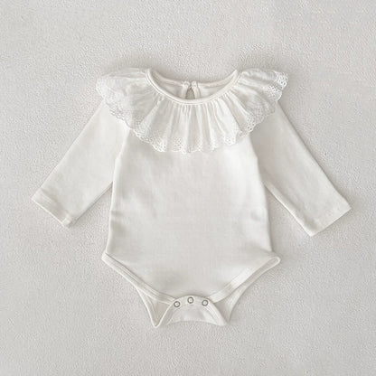 Autumn Arrival Baby Girls Long Sleeves Solid Color White Onesies with Hollow-out Collar, MyKids-USA®, Baby One-Pieces, MyKids-USA -  -  -  -  -  -  - 