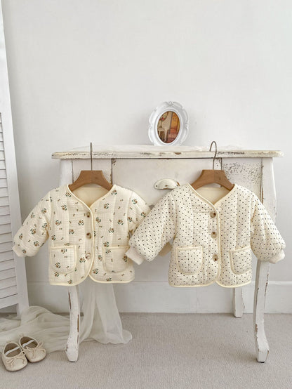 Baby Girl V-Collars Jacquard And Polka Dots Two Kinds Thickened Long Sleeves Winter Cardigan Coat