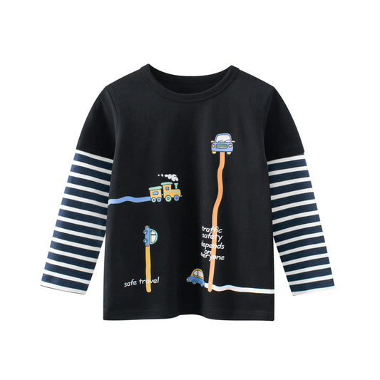 Spring Baby Kids Boys Letters and Cartoon Print Striped Long Sleeves Crew Neck Top
