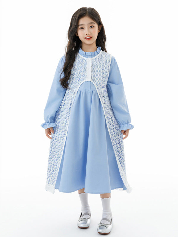 Arrival Autumn Kids Girls Long Sleeves Solid Color Blue Dress and Hollow-out Vest Clothing Set