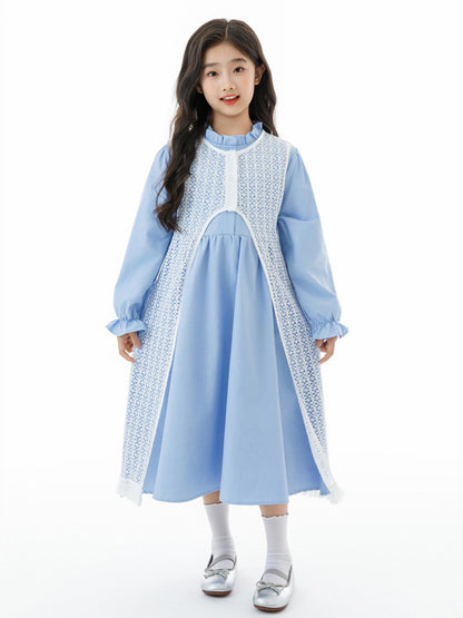 Arrival Autumn Kids Girls Long Sleeves Solid Color Blue Dress and Hollow-out Vest Clothing Set