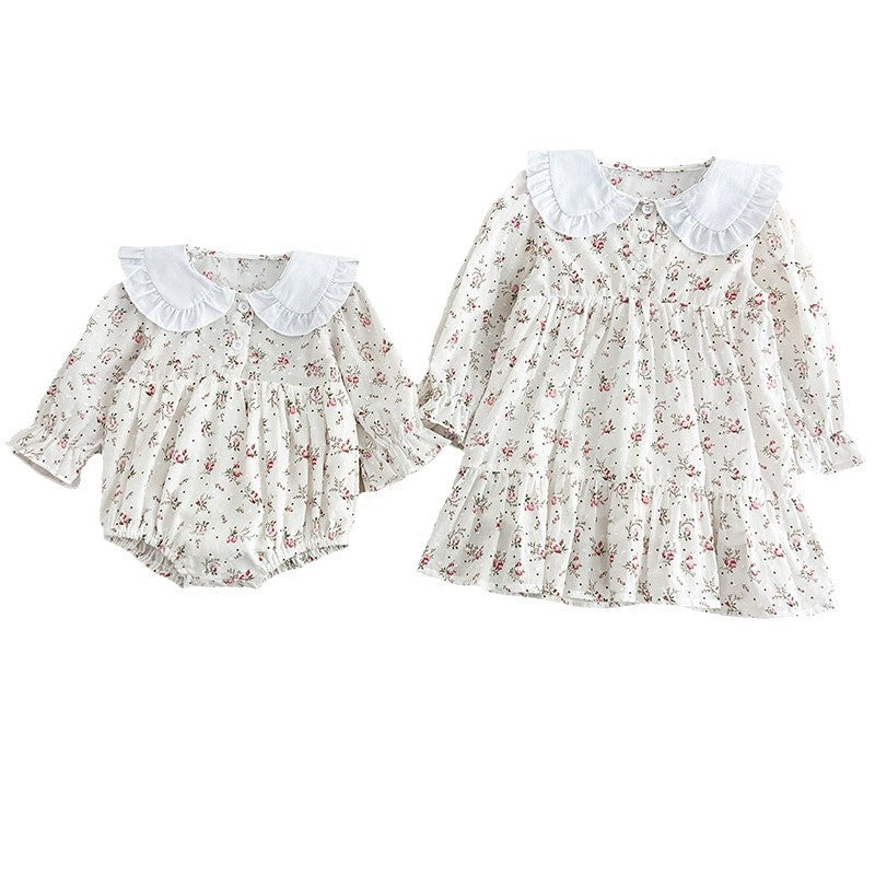 Spring Baby Girls French-style Floral Long-sleeved Onesies and Dress – Princess Sister Matching Set, MyKids-USA®, Baby & Toddler Outfits, MyKids-USA -  -  -  -  -  -  - 