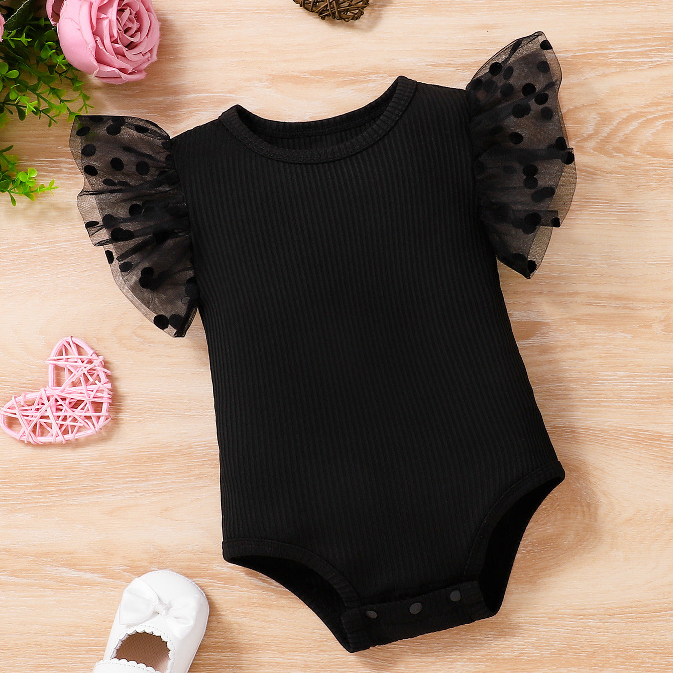 Summer Arrival Baby Girls Tulle Fly Sleeves Patchwork Bodysuit, MyKids-USA®, Baby & Children's One-Pieces, MyKids-USA - Size/Age - 59 (0-3M) - Color - Black -  -  - TR2605242256-A.