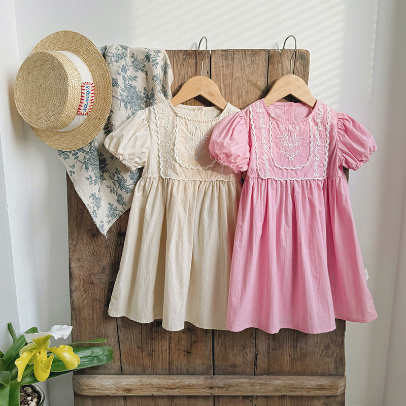 Summer Baby Kids Girls Short Sleeves Flowers Pattern Embroidery Princess Dress