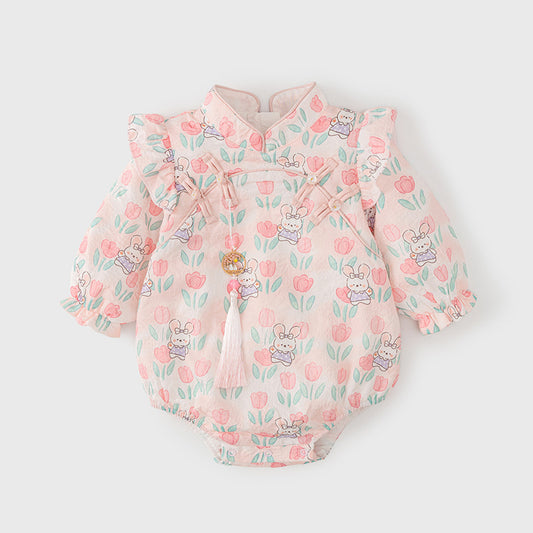Autumn Arrival Baby Girls Flowers and Rabbits Pattern Long Sleeves Onesies with Stand Collar, MyKids-USA®, Baby One-Pieces, MyKids-USA - Size/Age - 66 (3-6M) - Color - Pink -  -  - TR2408062303-A