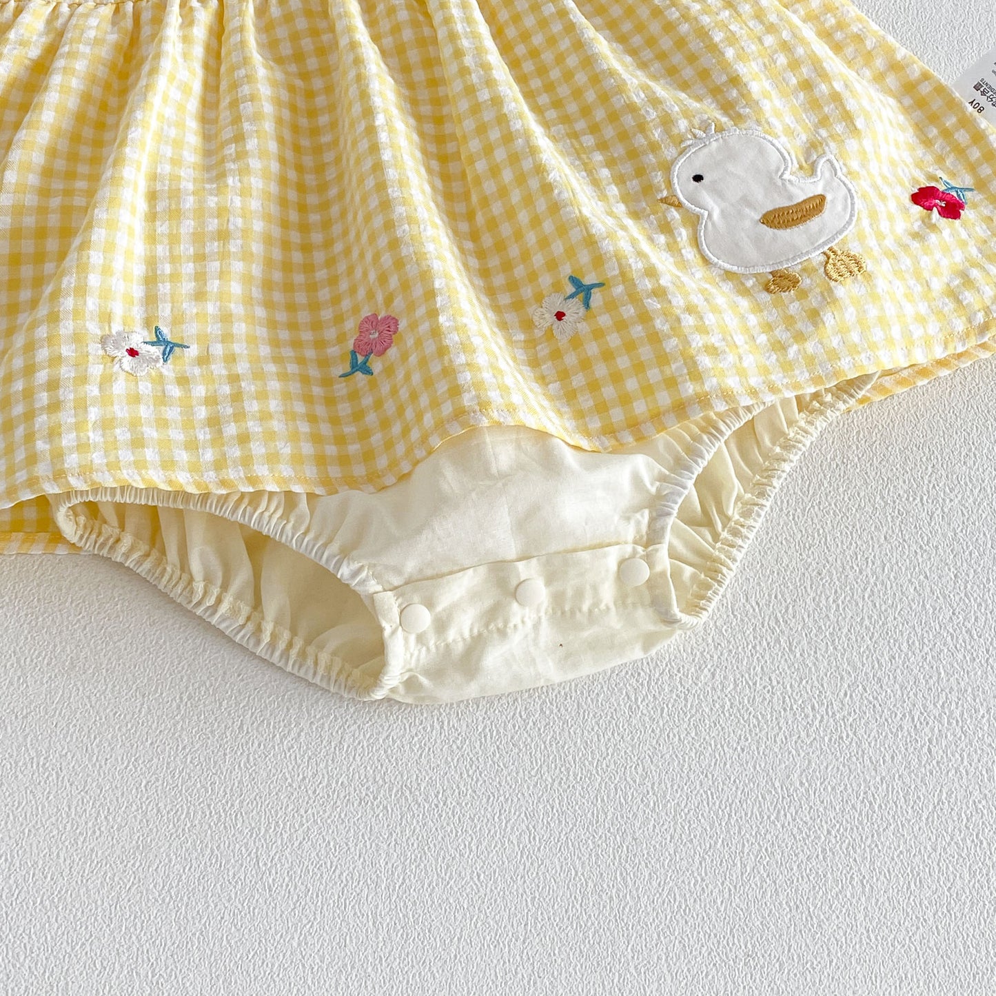 Design Summer Baby Kids Girls Fly Sleeves Plaid and Cartoon Pattern Bodysuit Dress