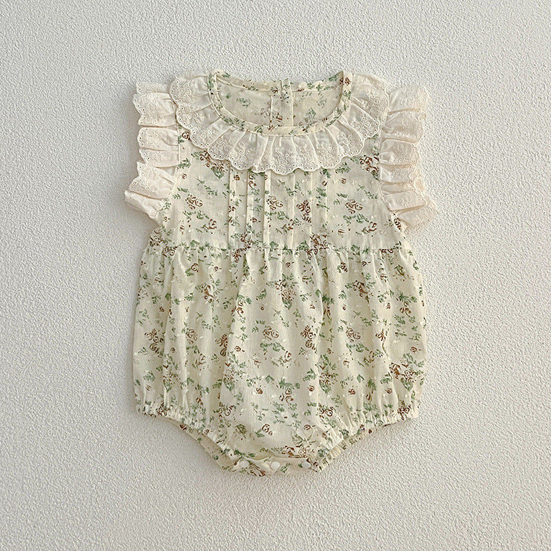 Summer New Arrival Baby Floral Vine Pattern Fly Sleeves Onesies For Girls With Hollow Out Collar