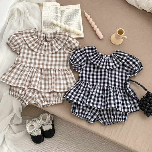 Summer Baby Kids Girls Plaid Short Sleeves Round Collar Top And Shorts Casual Clothing Set