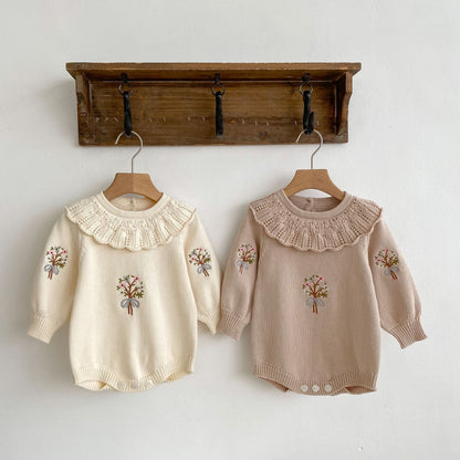 Autumn Design Baby Girls Flowers Embroidery Pattern Long Sleeves Ruffle Collar Knitted Onesies, MyKids-USA®, Baby One-Pieces, MyKids-USA -  -  -  -  -  -  - 