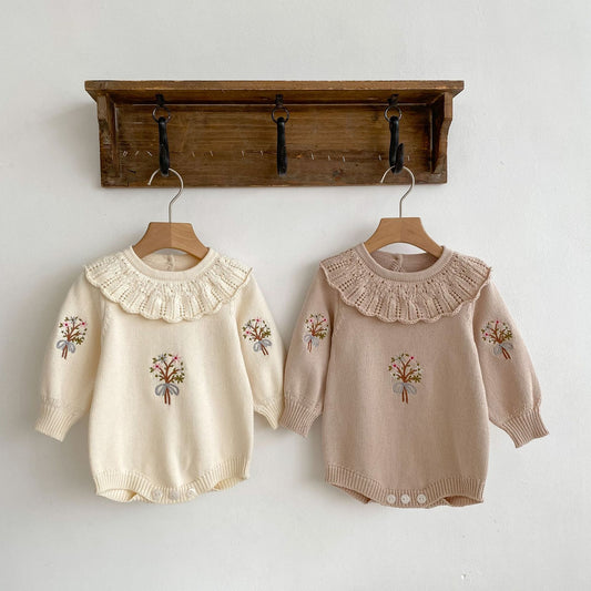 Autumn Design Baby Girls Flowers Embroidery Pattern Long Sleeves Ruffle Collar Knitted Onesies, MyKids-USA®, Baby One-Pieces, MyKids-USA -  -  -  -  -  -  - 