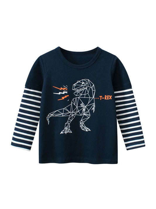 Baby Boys Dinosaur Outline Cartoon Crew Neck Long Striped Sleeve Pullover