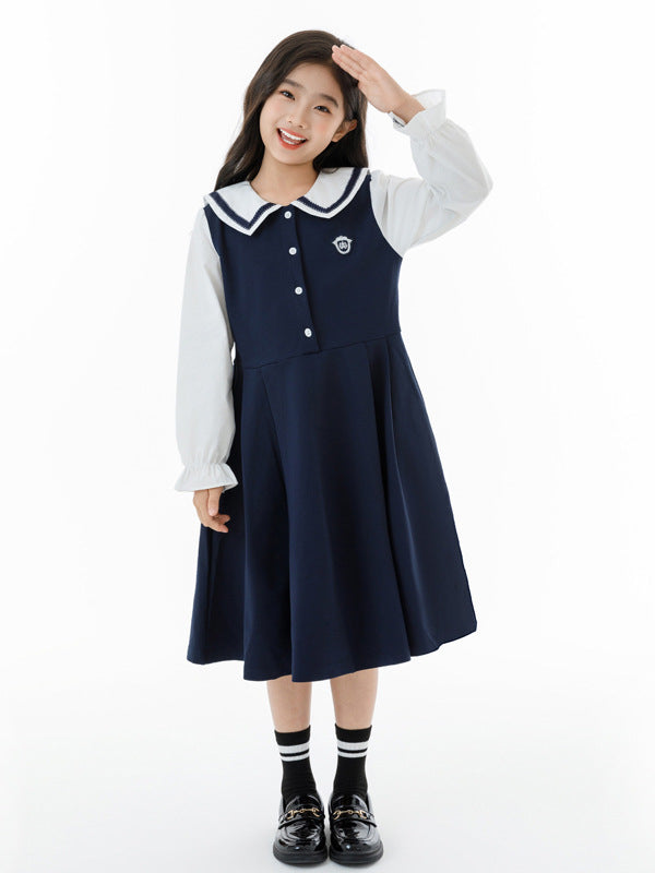 Autumn Arrival Long Sleeves Color Patchwork Preppy One-Piece Navy Collar Dress for Stylish Girls