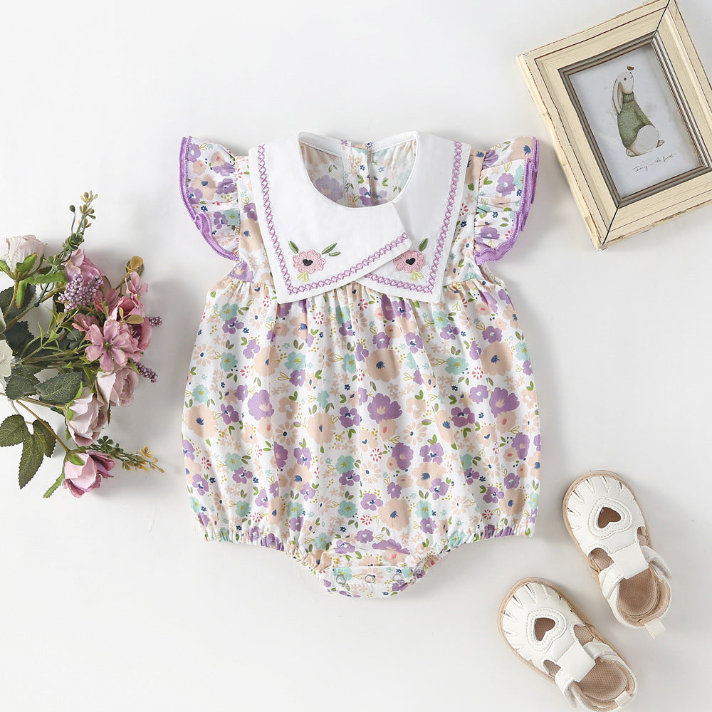 Summer Hot Selling Baby Girls Floral Pattern Fly Sleeves Embroidered Collar Onesies