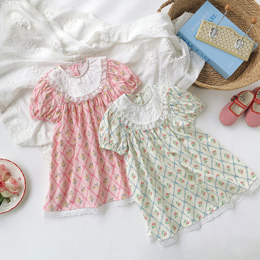 New Design Summer Baby Kids Girls Short Sleeves Argyle Floral Dress