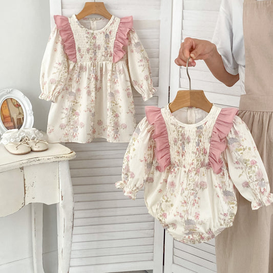 Spring Baby French-Style Floral Long-Sleeved Onesies And Dress For Girls – Princess Sister Matching Set