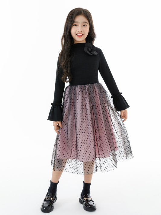 Autumn Arrival Long Sleeves Color Patchwork Dots Pattern Tulle Dress for Stylish Girls