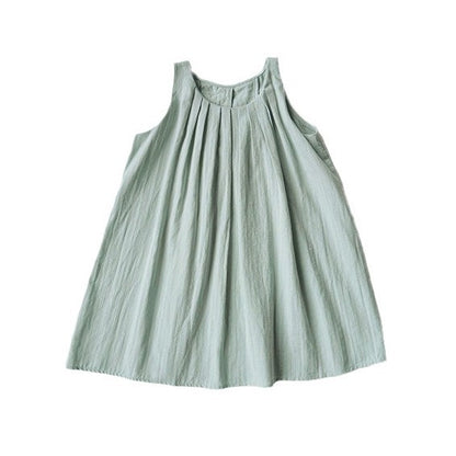 Summer Kids Girls Sleeveless French Style Pleated Sleeveless Loose Vest Dress