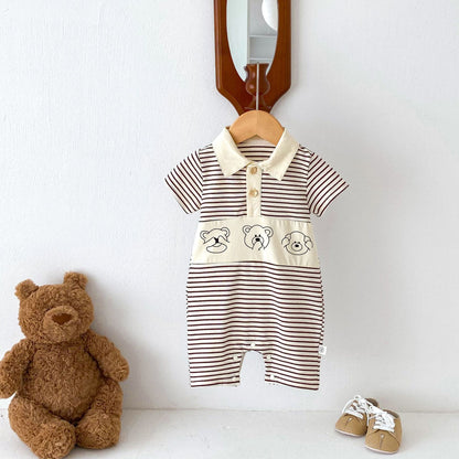 Summer New Design Short Sleeves Striped Turn-Down Collar Teddy Pattern Baby Rompers