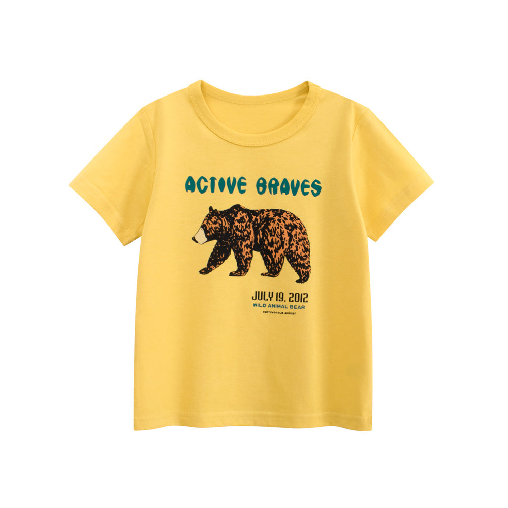 Summer Boys’ Grizzly and Letters Pattern T-shirt in European and American Style, MyKids-USA®, Baby & Toddler Tops, MyKids-USA - Size/Age - 90 (12-24M) - Color - Yellow -  -  - TR2505192106-A