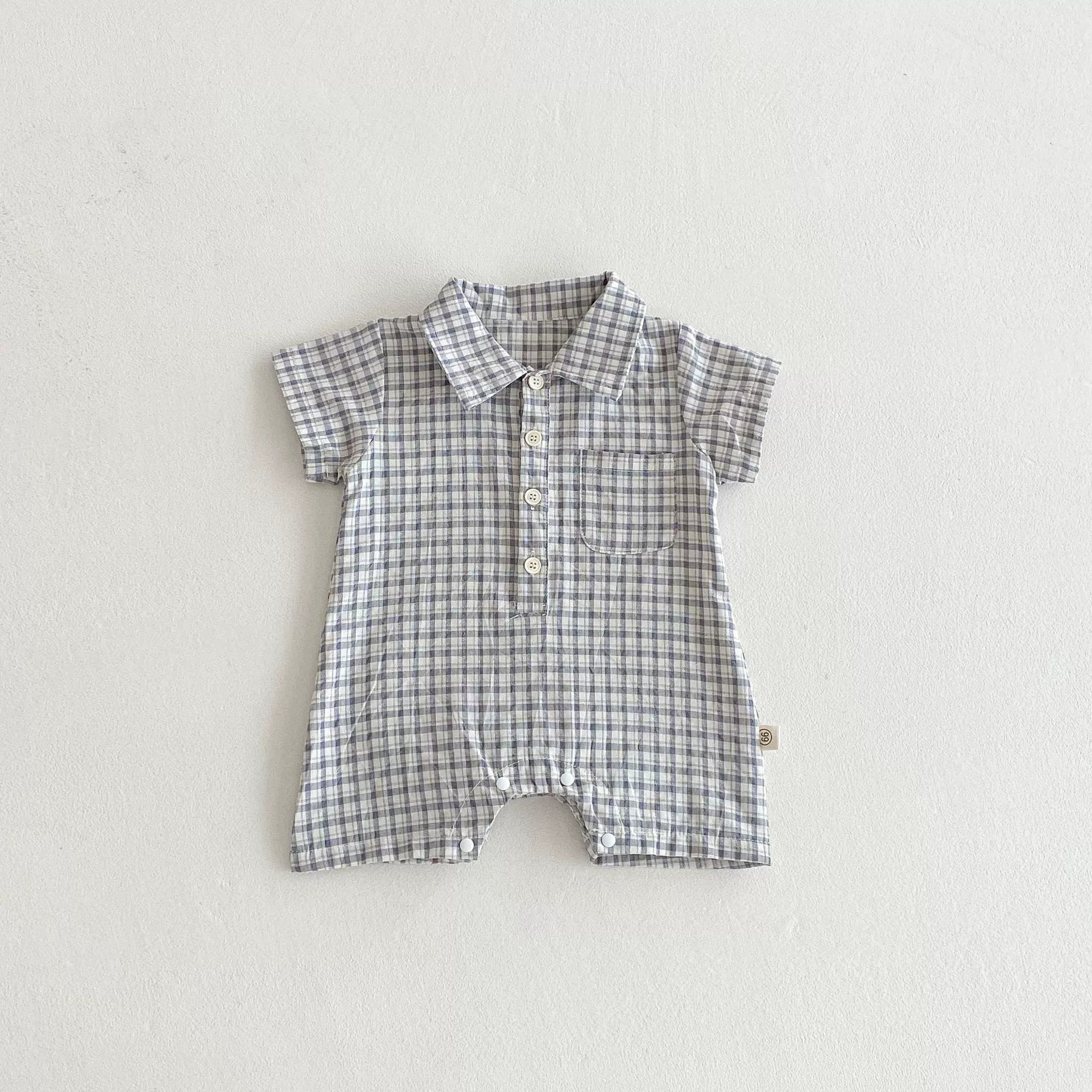 Summer Arrival Baby Unisex Plaid Short Sleeves Rompers with Turn-down Collar, MyKids-USA®, Baby One-Pieces, MyKids-USA - Size/Age - 66 (3-6M) - Color - Grey -  -  - TR2505301052-A