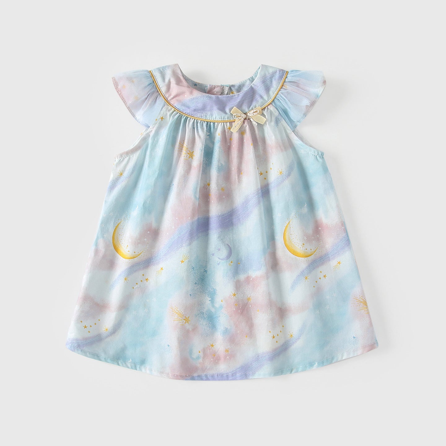 Summer Arrival Moon and Stars Pattern Fly Sleeves Dress for Stylish Girls