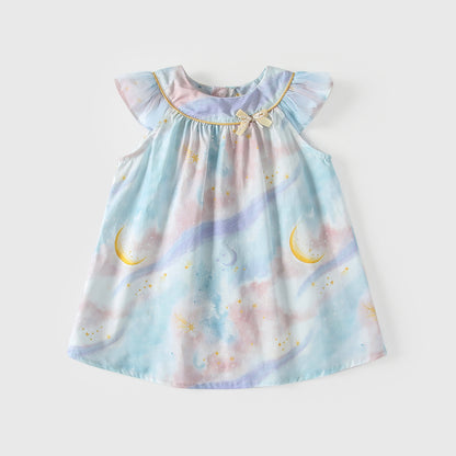 Summer Arrival Moon and Stars Pattern Fly Sleeves Dress for Stylish Girls