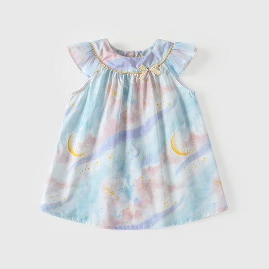 Summer Arrival Moon and Stars Pattern Fly Sleeves Dress for Stylish Girls, MyKids-USA®, Baby & Children's Dresses, MyKids-USA - Size/Age - 80 (9-12M) - Color - Blue -  -  - TR2605062012-A.