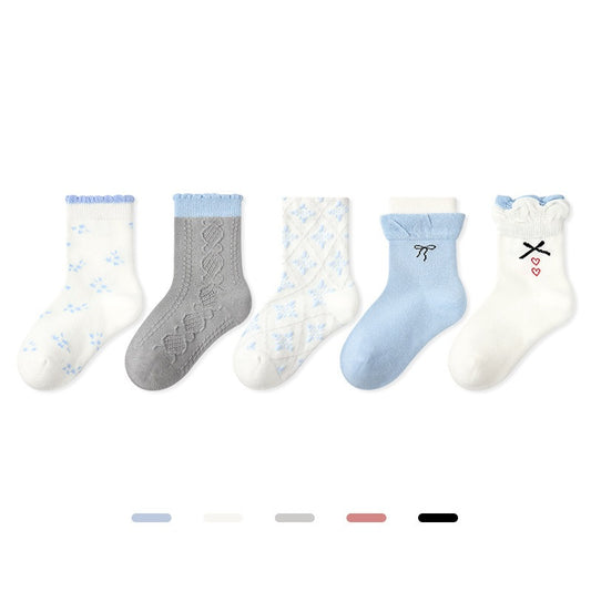 Autumn Arrival Baby Girls Breathable Cute Pattern Socks 1 Lot=5-Pair Set, MyKids-USA®, Baby & Toddler Socks & Tights, MyKids-USA - Size/Age - S (1-3Y) - Color - Blue -  -  - TR2511122145-A