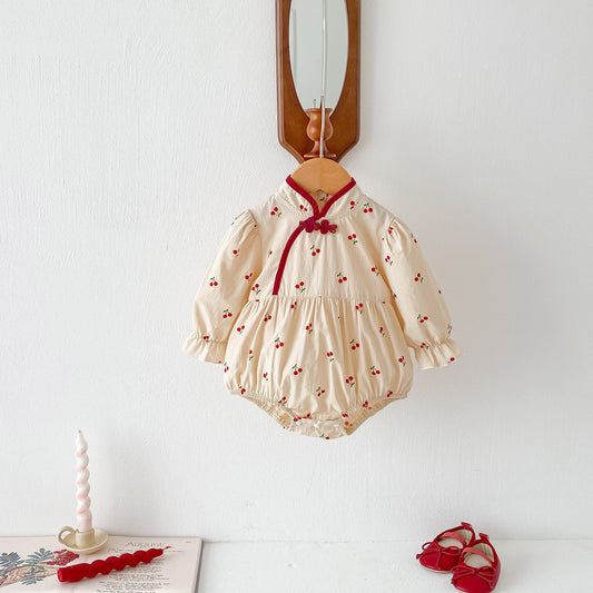 Spring Arrival Baby Cherry Print Long Sleeves Onesie For Girls, MyKids-USA®, Baby One-Pieces, MyKids-USA - Size/Age - 66 (3-6M) - Color - Apricot -  -  - TR2403042304-A