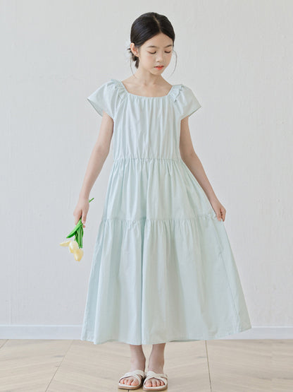 Summer Arrival Short Sleeves Solid Color Square Neck Dress for Stylish Girls