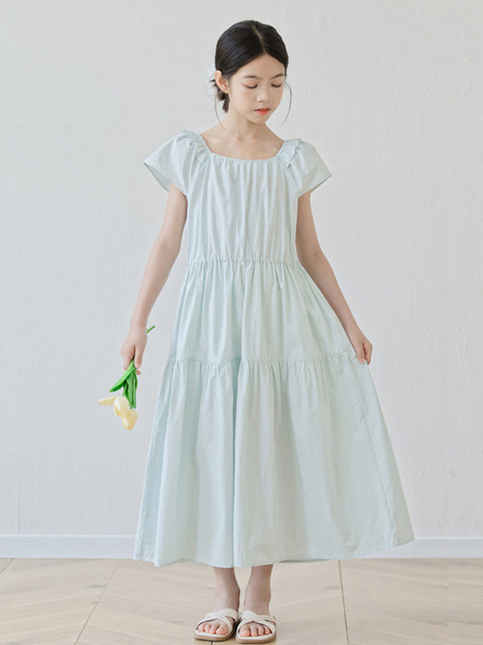 Summer Arrival Short Sleeves Solid Color Square Neck Dress for Stylish Girls