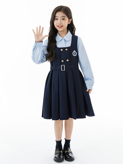 Arrival Autumn Kids Girls Long Sleeves Solid Color Shirt and Preppy Sleeveless Dress Clothing Set