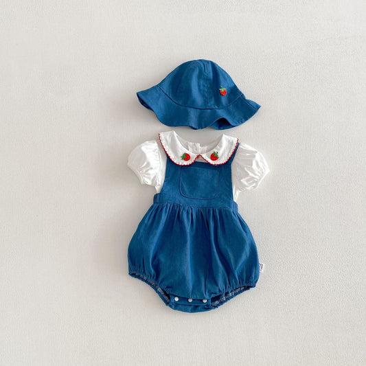 Summer Baby Kids Girls Short Sleeves Top, Solid Color Denim Overalls and Hat Clothing Set, MyKids-USA®, Baby & Children's Outfits, MyKids-USA - Size/Age - 66 (3-6M) - Color - Navy Blue (Dark Blue) -  -  - TR2604052356-A.