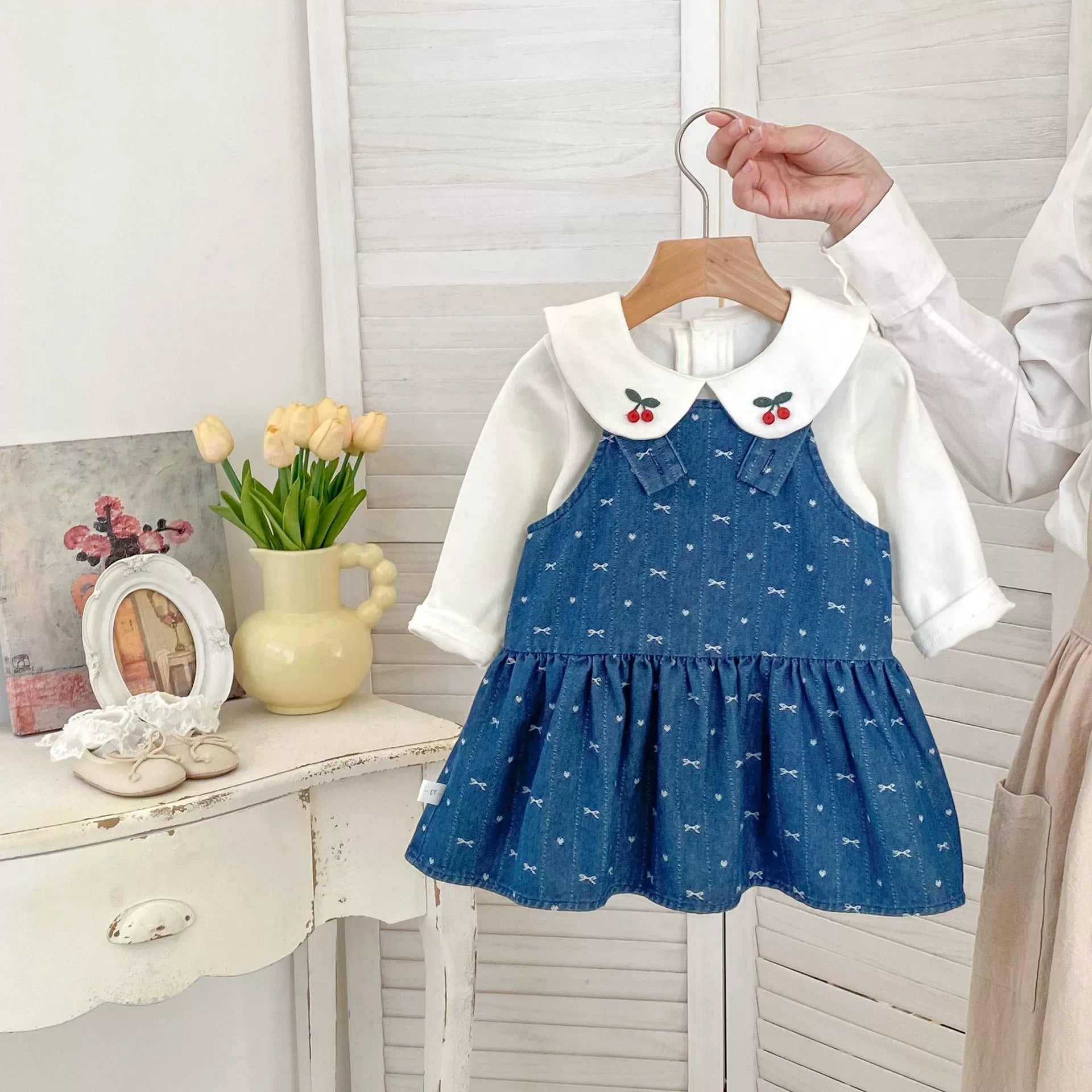 Spring and Autumn Baby Kids Girls Cherry Pattern Long Sleeves Beige Top and Denim Sleeveless Dress Clothing Set, MyKids-USA®, Baby & Toddler Dresses, MyKids-USA - Size/Age - 73 (6-9M) - Color - Blue -  -  - TR2508152145-A