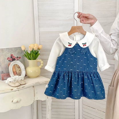 Spring and Autumn Baby Kids Girls Cherry Pattern Long Sleeves Beige Top and Denim Sleeveless Dress Clothing Set, MyKids-USA®, Baby & Toddler Dresses, MyKids-USA - Size/Age - 73 (6-9M) - Color - Blue -  -  - TR2508152145-A