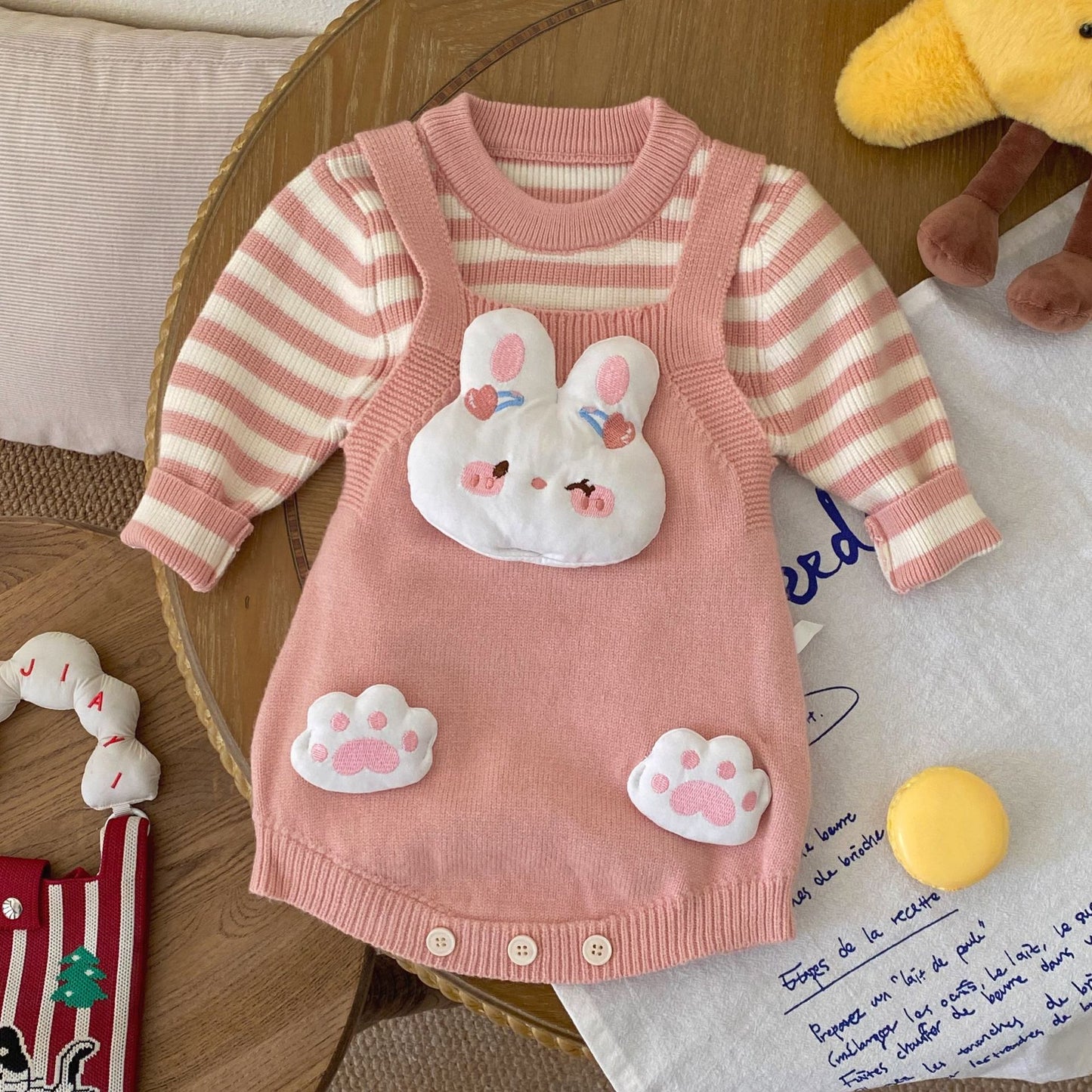 Baby Kids Unisex Long Sleeves Striped Pattern Top and Cartoon Bodysuit Overalls Knitted Clothing Set, MyKids-USA®, Baby & Toddler Outfits, MyKids-USA - Size/Age - 66 (3-6M) - Color - Pink -  -  - TR2512082136-B.