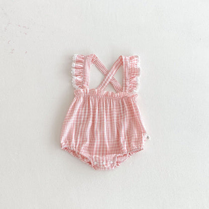 Summer Arrival Baby Girls Sleeveless Plaid Pattern Strap Bodysuit, MyKids-USA®, Baby One-Pieces, MyKids-USA - Size/Age - 66 (3-6M) - Color - Pink -  -  - TR2603221420-B.