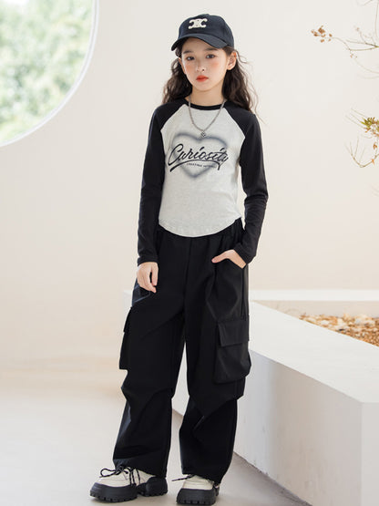 Arrival Autumn Kids Girls Long Sleeves Letters Pattern Top and Black Loose Pants Sets