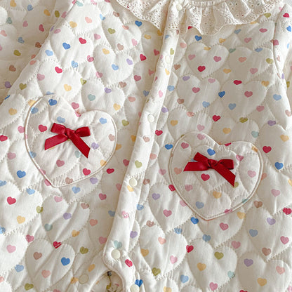 Winter Arrival Baby Girls Long Sleeves Hearts Pattern Fleece-Lined Rompers