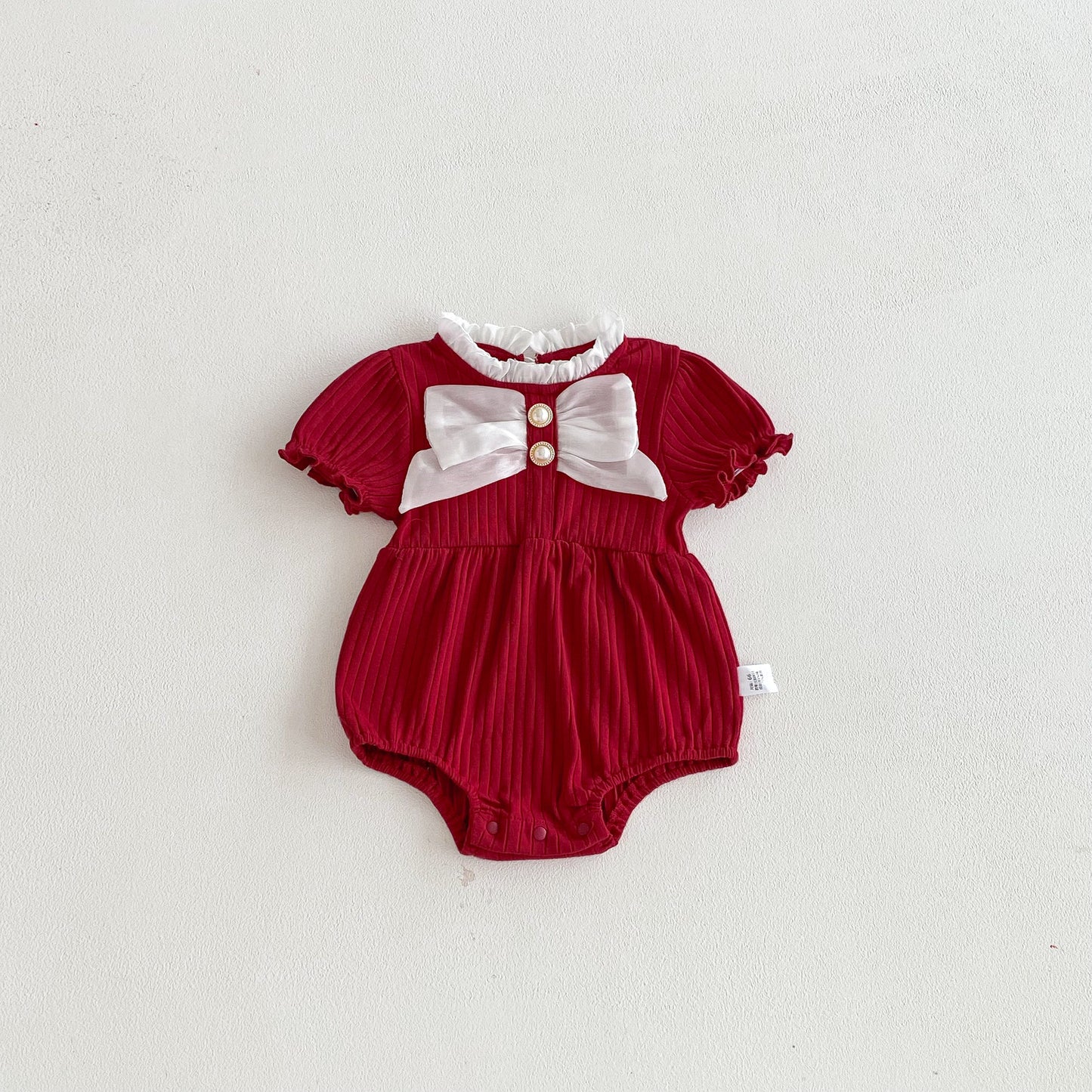 Summer Arrival Baby Girls Short Sleeves Ruffle Neck Color Patchwork Bodysuit, MyKids-USA®, Baby One-Pieces, MyKids-USA - Size/Age - 66 (3-6M) - Color - Red -  -  - TR2603192333-C.