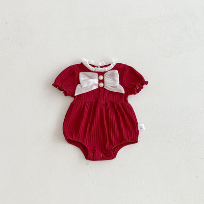 Summer Arrival Baby Girls Short Sleeves Ruffle Neck Color Patchwork Bodysuit, MyKids-USA®, Baby One-Pieces, MyKids-USA - Size/Age - 66 (3-6M) - Color - Red -  -  - TR2603192333-C.