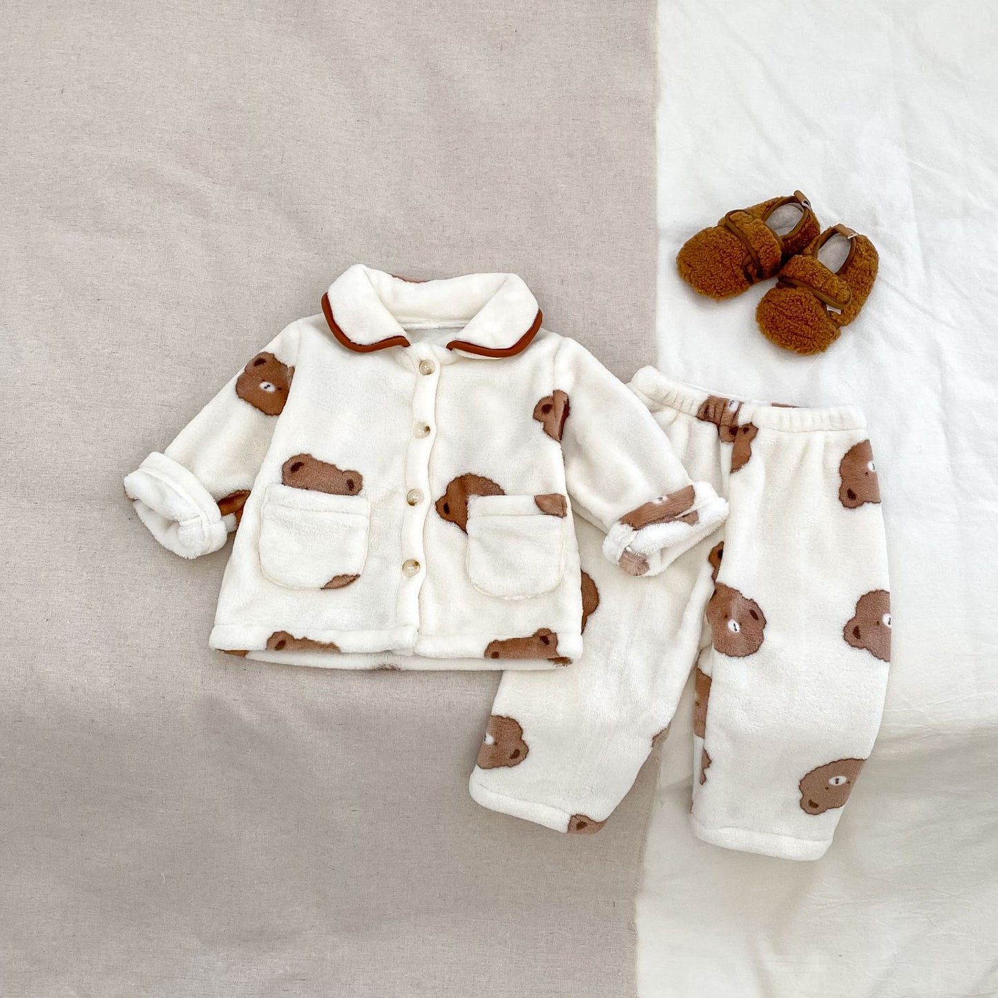 Winter Baby Kids Boys Long Sleeves Cute Teddy Bear Pattern Top and Pants Fluffy Warm Pajamas Clothing Set, MyKids-USA®, Baby & Toddler Sleepwear, MyKids-USA - Size/Age - 73 (6-9M) - Color - Beige -  -  - TR2512011814-A