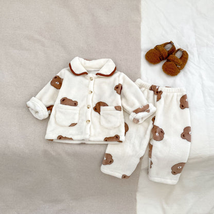 Winter Baby Kids Boys Long Sleeves Cute Teddy Bear Pattern Top and Pants Fluffy Warm Pajamas Clothing Set, MyKids-USA®, Baby & Toddler Sleepwear, MyKids-USA - Size/Age - 73 (6-9M) - Color - Beige -  -  - TR2512011814-A