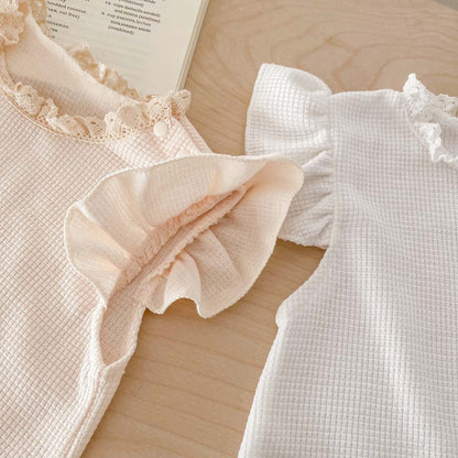 Summer Arrival Baby Girls Solid Color Short Sleeves Ruffle Neck Rompers, MyKids-USA®, Baby One-Pieces, MyKids-USA -  -  -  -  -  -  - 