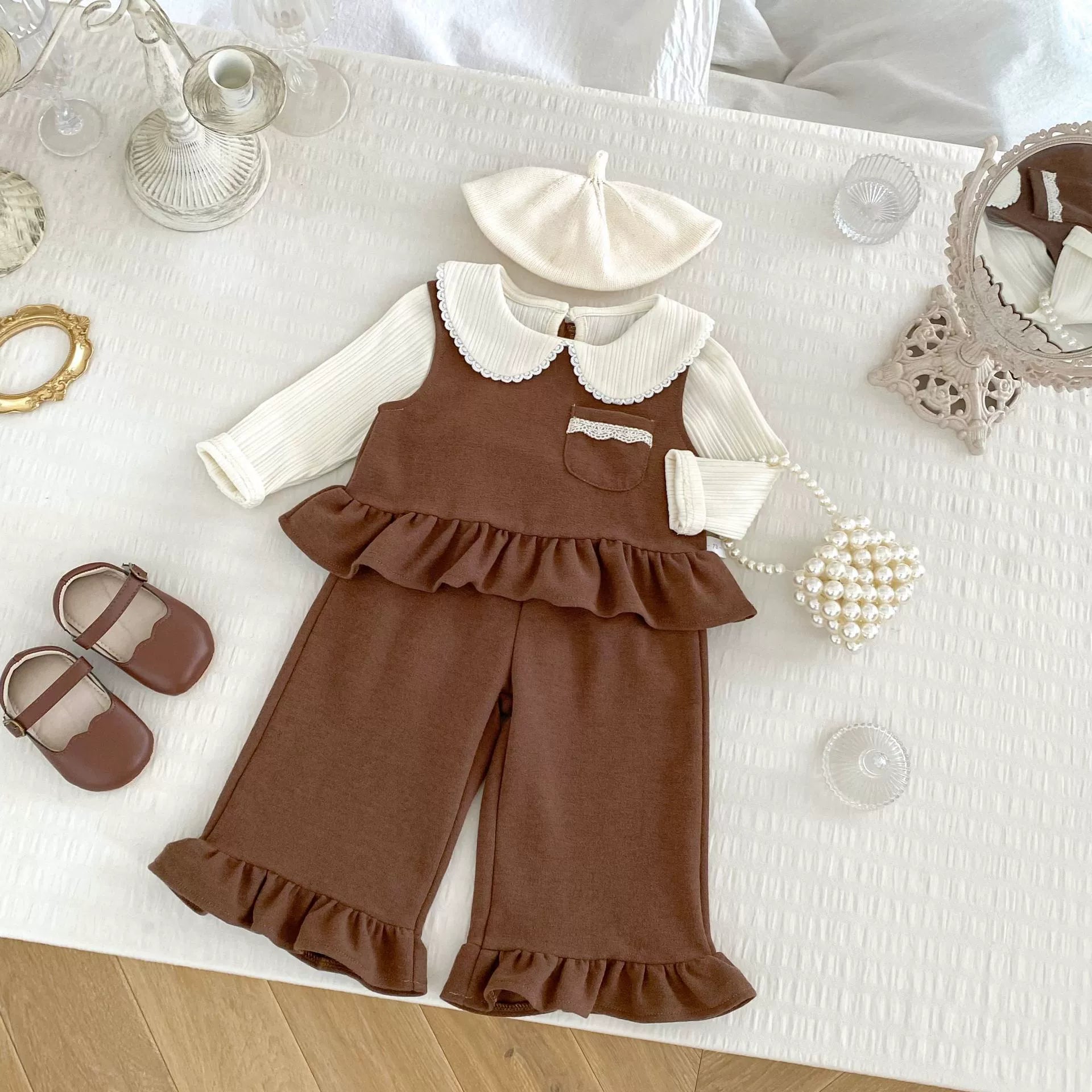 Spring and Autumn Baby Kids Girls Lace Decorated Sleeveless Vest, Plain Long Sleeves Top and Pants Clothing Set, MyKids-USA®, Baby & Toddler Outfits, MyKids-USA - Size/Age - 73 (6-9M) - Color - Brown -  -  - TR2509042159-A